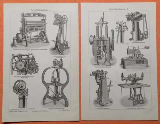 Schuhfabrikation I+II  Maschinen Apparate Industrie  historischer Holzstich 1909