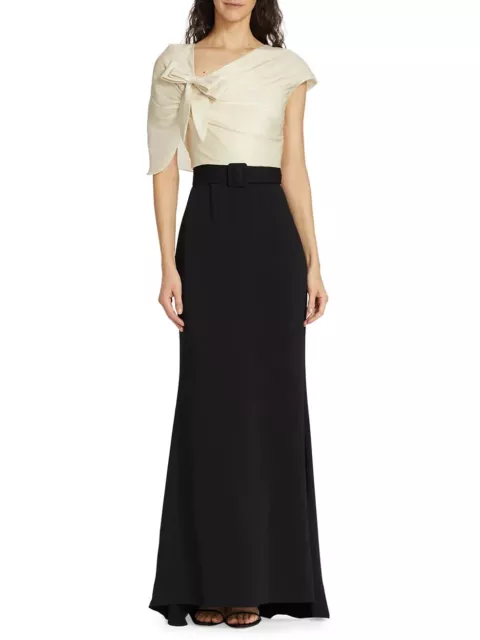 Badgley Mischka Bow-Embellished Colorblocked Gown sz 6 Black Modest Sleeve $990
