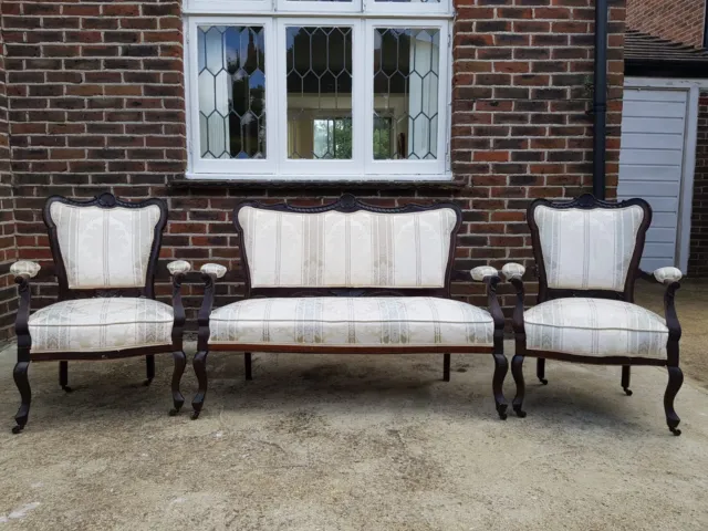 Vintage Edwardian Regency Antique Solid Oak 2 Seater Sofa and Armchair Set
