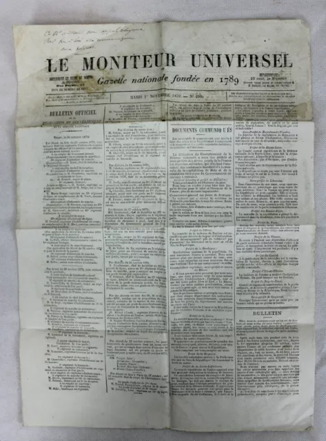 JOURNAL LE MONITEUR UNIVERSEL - 1° NOVEMBRE 1870 - REDDITION DE METZ  - Ed Tours
