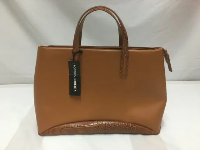 Sondra Roberts Brown Crock Embossede Faux Leather Handbag Purse 14"X9" Zip Top