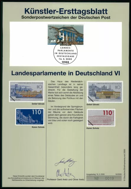 Brd Künstler-Etb 2000/16 2104 Landesparlament Niedersachsen