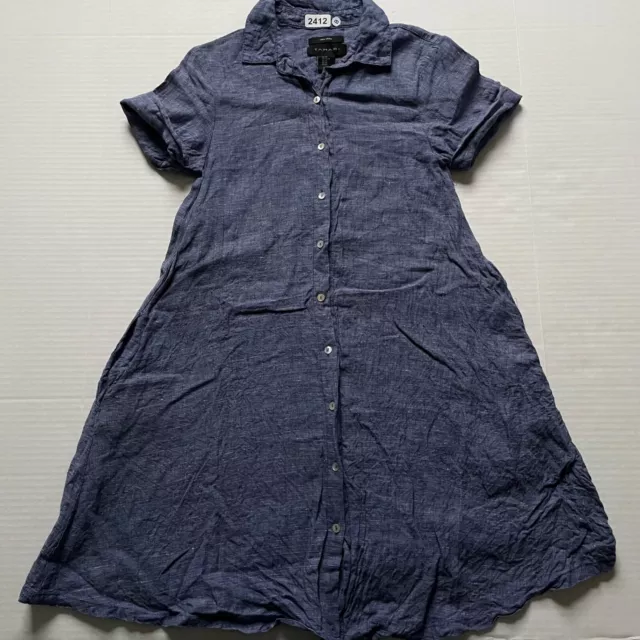 Tahari Shirt Dress Women's XS Blue Linen Cuffed Short Sleeve Collared Button Up