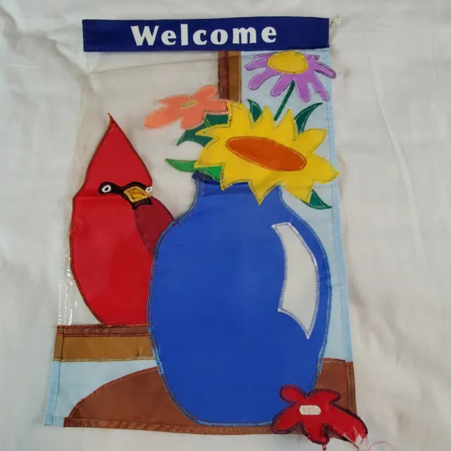 Poly Vinyl Embroidered Applique Cardinal in Window Outdoor Garden Flag 2 Sided