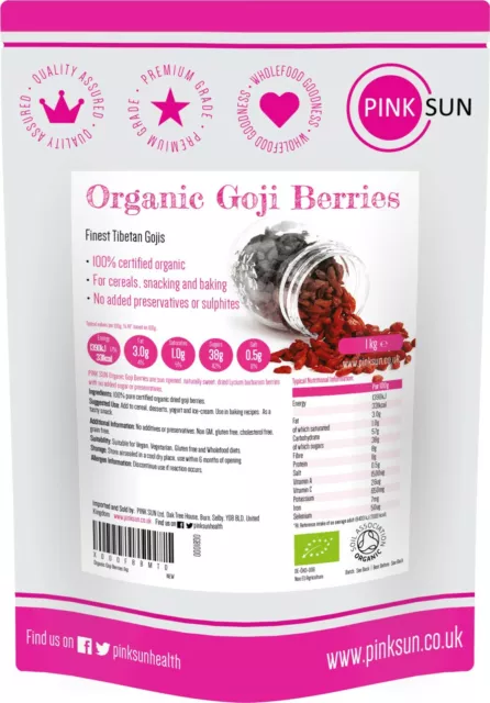 Organic Certified Goji Berries 1kg Dried Raw Tibetan No Added Sulphites Non GMO