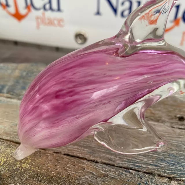 Glass Pink Dolphin Figurine, Hand Blown Nautical Paperweight, Coastal Fish Decor 2