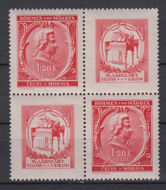 Böhmen + Mähren 81 4er Block mit 2 Zierfelder Wolfgang A. Mozart 1,20 K ** /1