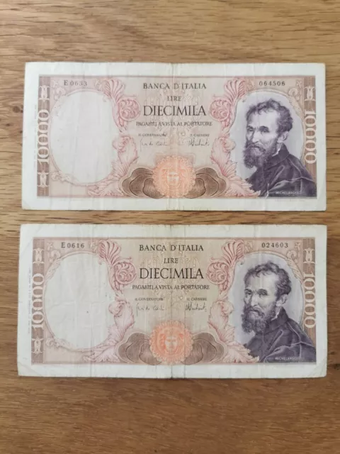 Italie Lot de 2 Billets de 10000 diecimila lire 1973 Michelangelo P605