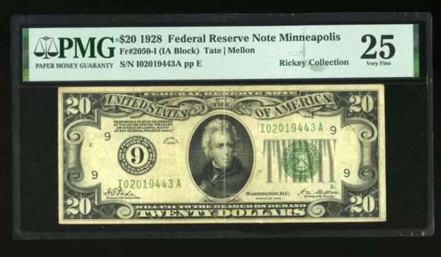 DBR 1928 $20 FRN Minneapolis Numeral Fr. 2050-I PMG 25 Serial I02019443A