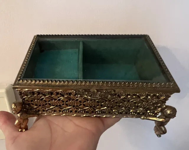 Trinket Box Angel Ormolu Hollywood Regency Casket Jewelry Music Box Cherubs