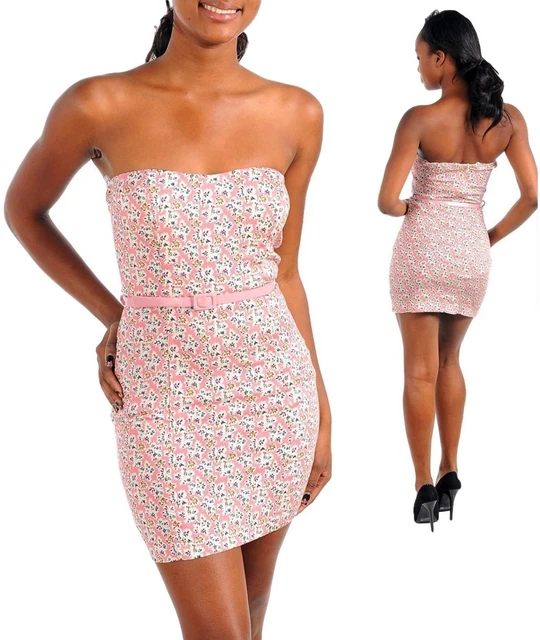 Vestito donna mini abito corto fiori pink rosa cinturino tubino fascia nuovo #