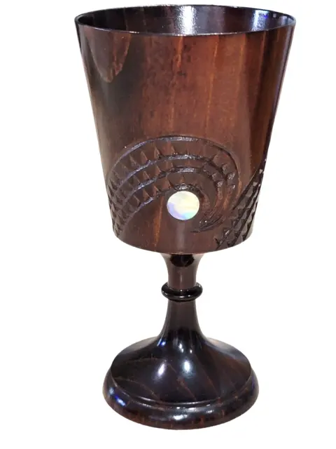 Vintage Carved Wood Goblet Chalice Inlaid Abalone Cup