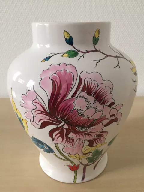 RARE SUPERBE ancien GRAND VASE en  faïence LONGWY FLEURS FAMILLE ROSE GRAND FEU