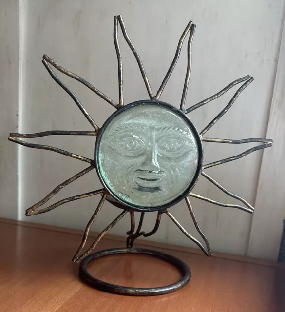 Vintage 1990s Y2K Glass Celestial Sun Face Wrought Iron Candle Holder Boho Decor