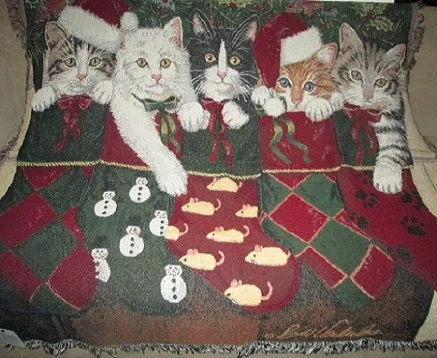 New Christmas Kittens Woven Afghan Tapestry Throw Gift Blanket NIP Holiday Cat