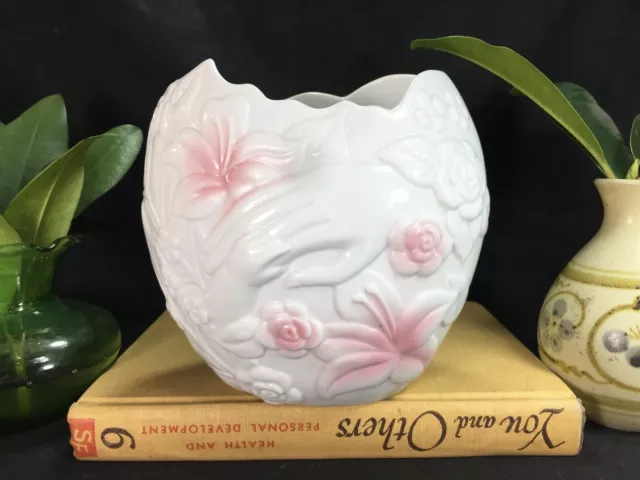 Vintage Porcelain Vase Mother & Baby Holding Hands Planter Pot Birth Gift Pink