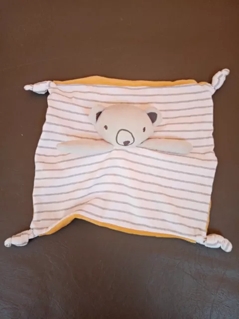 Doudou Plat Orchestra Prémaman Ours Gris Blanc Rayé ocre Attache-tétine