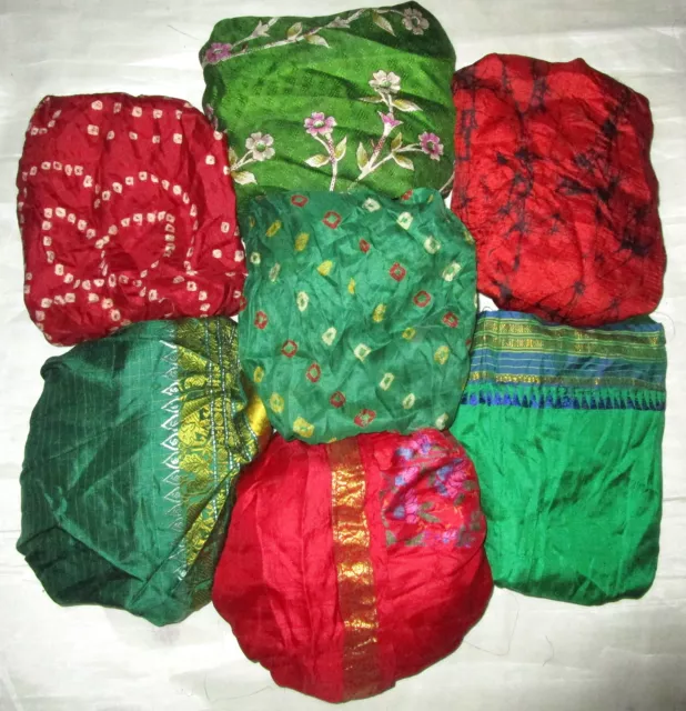 UK LOT PURE SILK Vintage Sari REMNANT Fabric 7 Pcs 1 foot ech Red Green #,AQO4