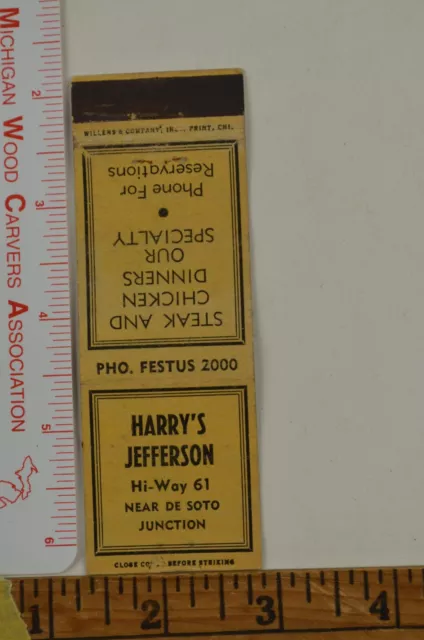 VTG Matchbook Cover Harry's Jefferson Restaurant Hi Way 61 De Soto Junction Lq
