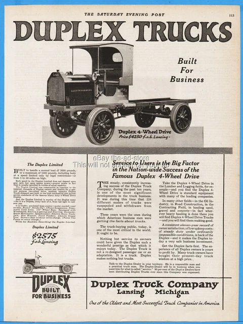 1920 Duplex Truck Company Lansing Michigan Duplex 4 Wheel Drive Chassis Ad