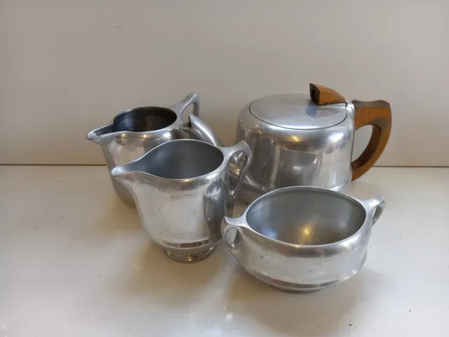 Picquot Ware Wood Handle Tea Pot Sugar Bowl Milk And Cream Jug Set. Vintage Set.