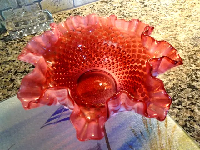 1940's Fenton Art Glass Hobnail "old" Cranberry Opalescent 9.5" Bowl DEEP COLOR! 2
