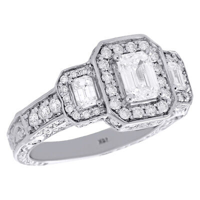 14K or Blanc Émeraude Solitaire Diamant 3 Pierre Vintage Fiançailles Bague 2 CT