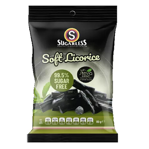 908696 1 X 80G Sugarless Confectionery 99.5% Sugar Free Soft Licorice Bag