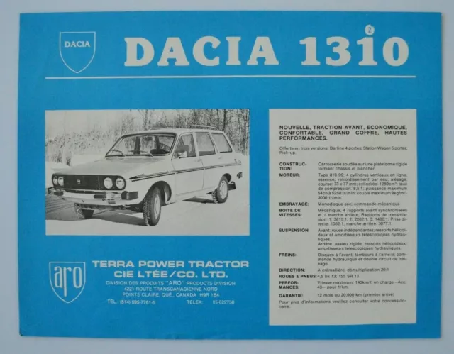 DACIA 1310 1982 dealer sheet brochure - French English - Canada