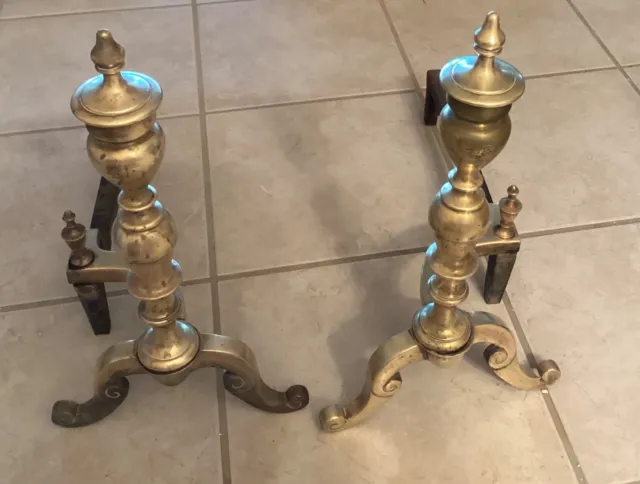 Pair of Beautiful Antique 18" Solid Federal Brass Heavy Andirons