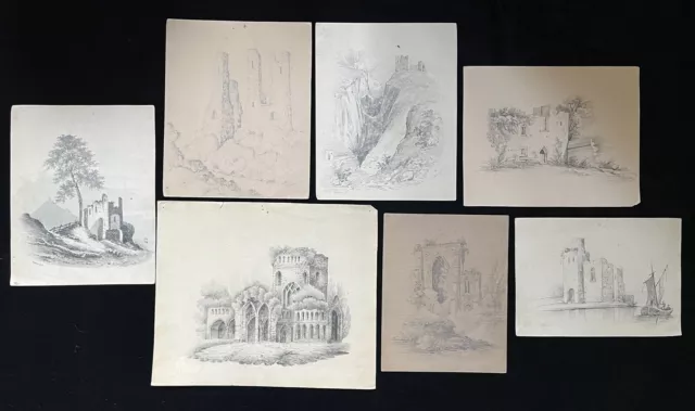 7 Pencil Drawings, T Wright, Landscapes w. Castle Ruins 1840-50, Three Signed 3