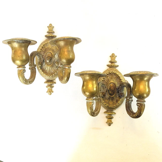 Pair of Antique Early 20th Century Electric Double Arm BrassWall Sconces ReWire