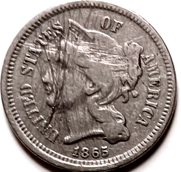 Obsolete 1865 Civil War Nickel Three Cent Very Scratched  *I Combine Shipping*