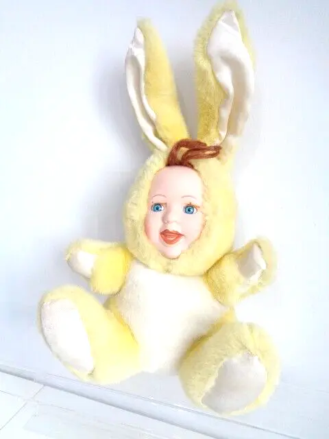 Vintage Baby Bunny Doll Soft Plush Toy with porcelain face and blue eyes Easter