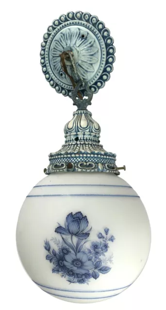 Vintage Blue White Swag Lamp Frosted Floral Glass Ball Globe Shade and Hardware