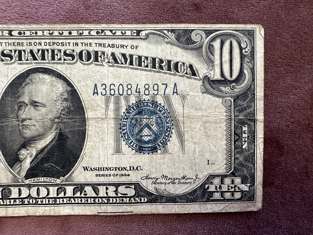 1934 Ten Dollar Blue Seal Note Silver Certificate Old US Bill $10 Money Currency 3