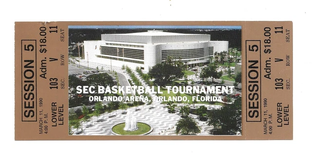 SEC Basketball Tournament- Full Ticket-  March 11th,  1990- Orlando, Florida
