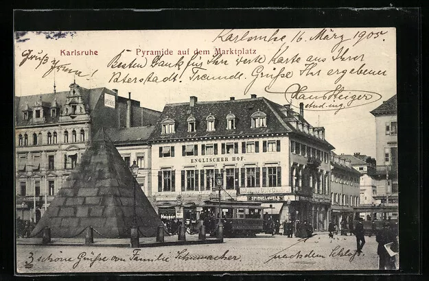 Ansichtskarte Karlsruhe, Pyramide mit Hotel Englischer Hof, Strassenbahn 1905