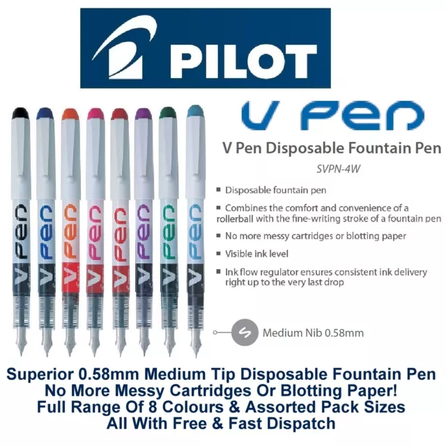 Pilot V Pen Fountain Pen Disposable Medium Line Liquid Ink Svpn-4W All Colours