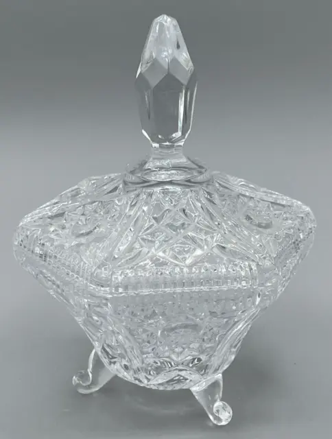 Vtg American Brilliant Cut Crystal Glass ~ Hexagon Three-Footed Dish with Lid