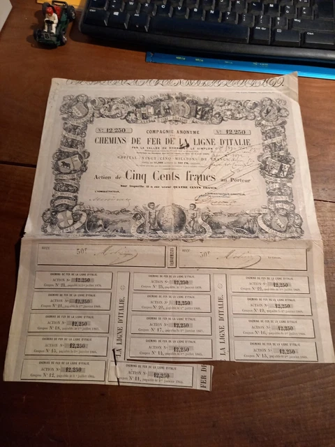 Action de 500francs Compagnie anonyme des Chemins de Fer de la Ligne d'Italie