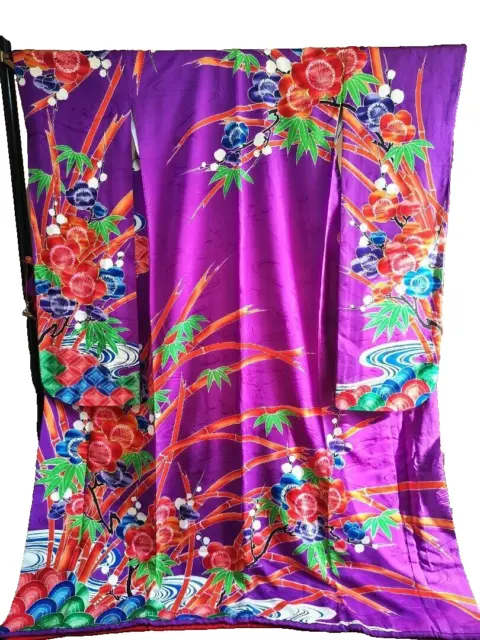Japanese Silk Kimono Furisode Vintage Traditional flower pattern purple (a9)