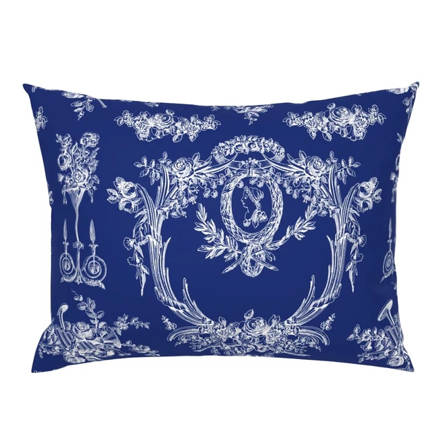 Toile Ink Flowers Floral Blue White Wedding Demask Pillow Sham by Spoonflower