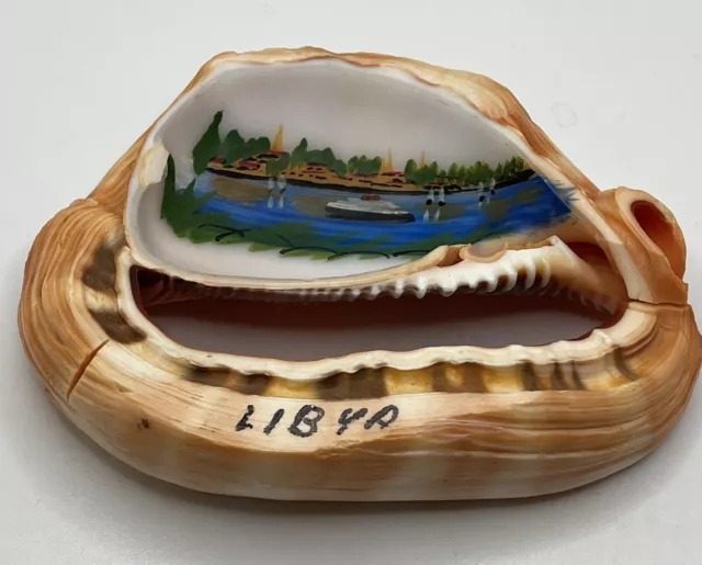 Conch Shell Antique Folk Art Painted Maritime Ship Landscape 30’s Souvenir Libya
