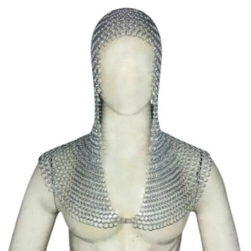 Catena Posta Coif- Scollo V, Lungo Cappuccio Medievale Armor Costume Nuovo