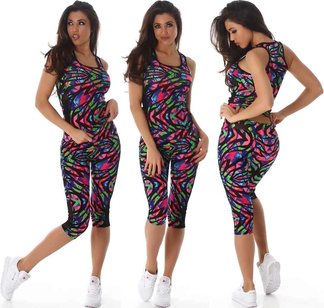 Donna Tuta Sport Fitness Set Maglia Top Leggings Colorato 36 38 S M