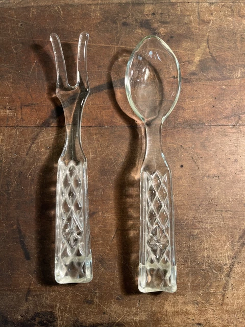 Anchor Hocking Wexford Pattern Glass Fork and Spoon Salad Serving Set.