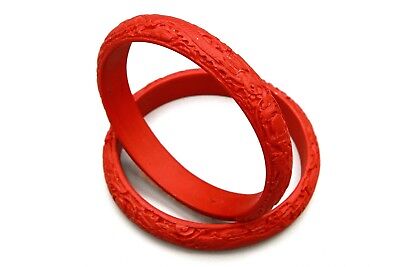 Pair Of Red Cinnabar Bangle Bracelet, Chinese Zodiac Dragon, Carved Red Lacquer