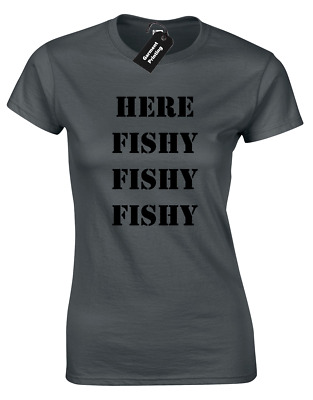 Qui di PESCE PESCIOLINO Donna T-Shirt Divertente PESCATORE angler pesca della carpa Regalo