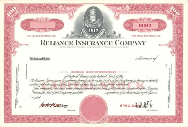 Reliance Insurance Co. dated 1817 - Specimen Stock Certificate - Specimen Stocks